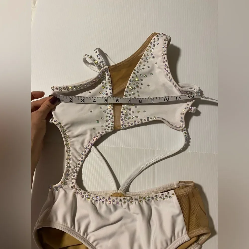 AA dance design costume solo white custom illusion clover leotard XSA XS adul